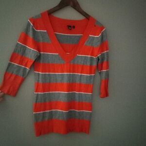 TWIK S V-Neck Rugby Striped Long Sleeved Pullover Knit Top in Orange Gray